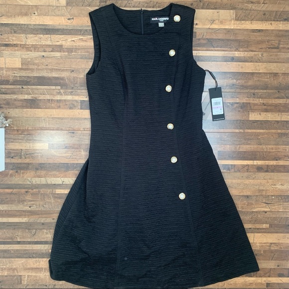 Karl Lagerfeld Pearl Button Textured A-Line Dress Black Sz 6 - Picture 14 of 16